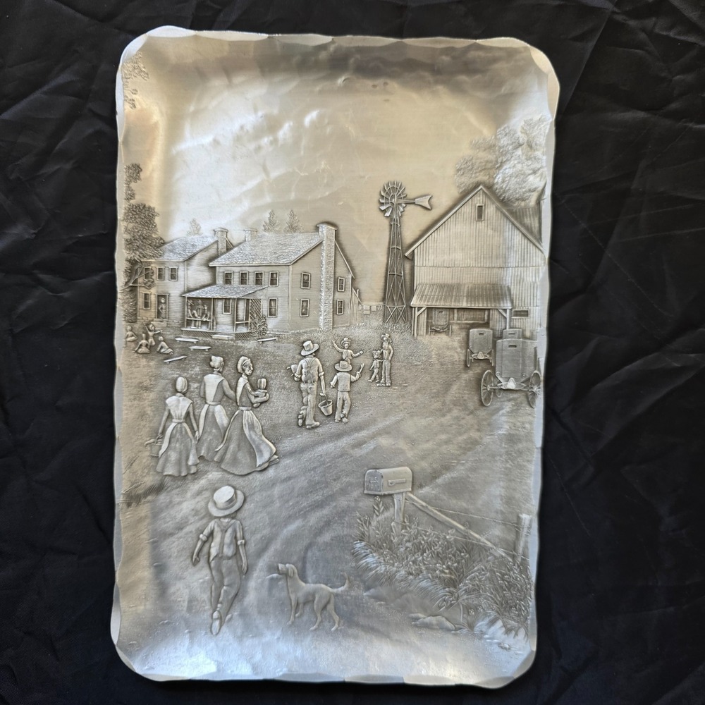 Handmade Vintage Wilton Armetale Pewter Tray Amish countryside scene Platter
